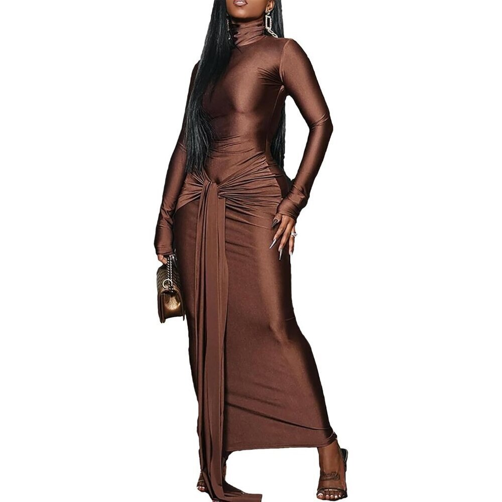 Women's Brown Long Sleeve Formal Body-con Elegant Ruched Tie Front Maxi Dress